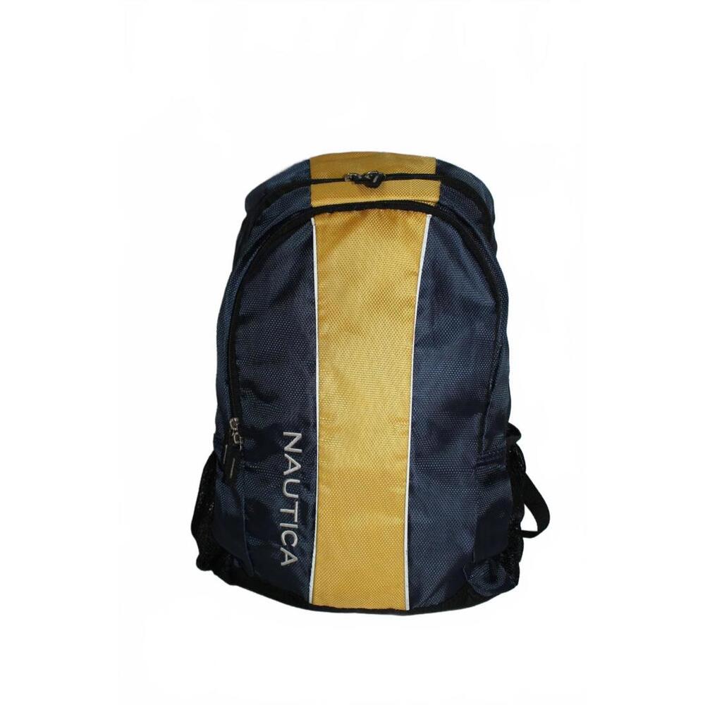 Nautica Paneled Logo Graphic Backpack in Navy Blue and Yellow with Laptop Sleeve